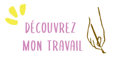 Image avec un lien représentant une main tenant un pinceau. Il est écrit "découvrez mon travail". En cliquant dessus, vous serez redirigé vers la page de mes réalisations